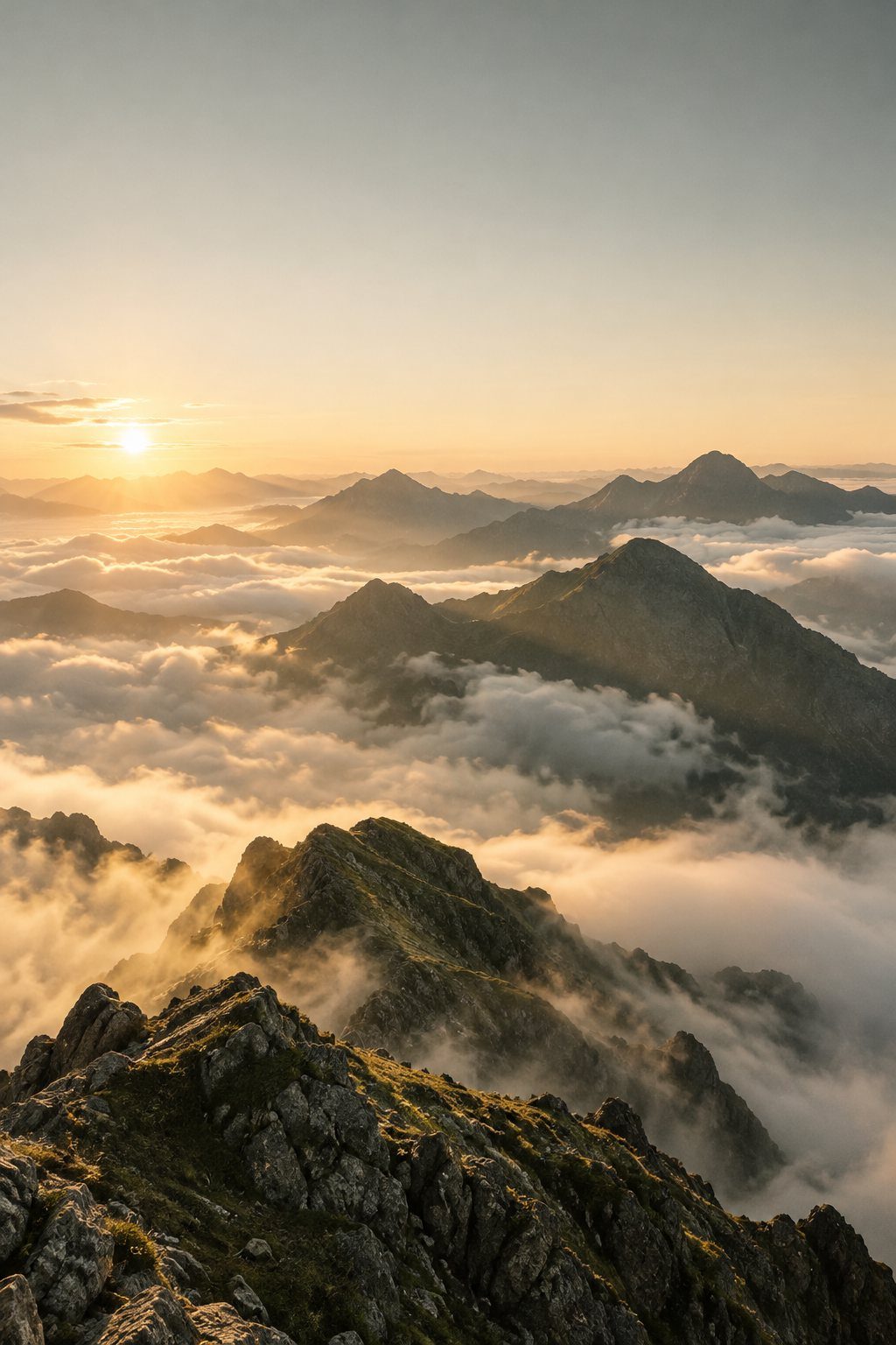 A summit above a sea of clouds at sunrise